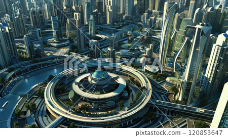 a futuristic smart city with modern skyscrapers, circular architectural designs, elevated walkways, and integrated greenery, showcasing advanced urban planning and sustainability a futuristic smart city with modern skyscrapers, circular architectural designs, elevated walkways, and integrated greenery, showcasing advanced urban planning and sustainability 120853647
