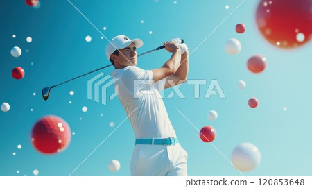 a golfer mid-swing against a vibrant blue sky, surrounded by floating red and white golf balls 120853648