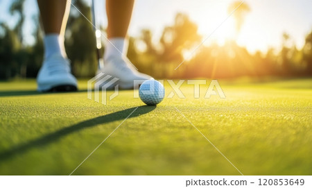 a golf ball on a vibrant green putting green with sunlight streaming through trees in the background 120853649