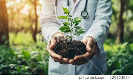 a doctor or scientist, holding a young green plant in soil, emphasizing themes of growth, sustainability 120853674