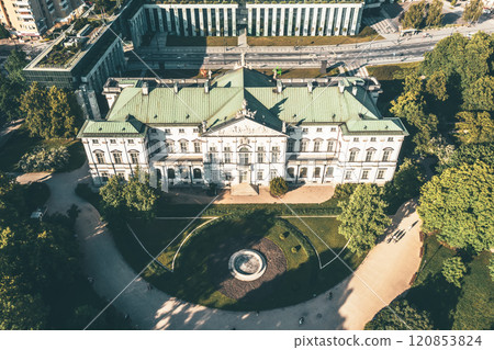 Krasinski Palace and National Library in Warsaw, Poland, view from above with green park 120853824