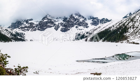 Frozen Lake Morskie Oko or Sea Eye Lake in Poland at Winter. Panoramic view Frozen Lake Morskie Oko or Sea Eye Lake in Poland at Winter. Panoramic view 120853827