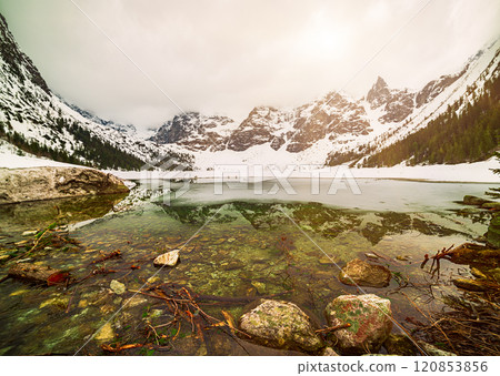 Frozen Lake Morskie Oko or Sea Eye Lake in Poland at Winter. Frozen Lake Morskie Oko or Sea Eye Lake in Poland at Winter. 120853856
