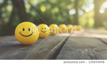 Lined up smiley balls and nature background 120854046