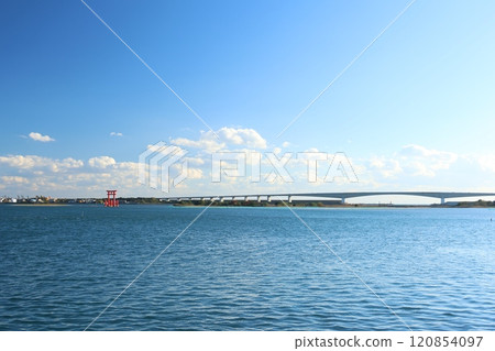 Lake Hamana - Red Torii Gate and Hamana Bridge (Kosai City, Shizuoka Prefecture) 120854097