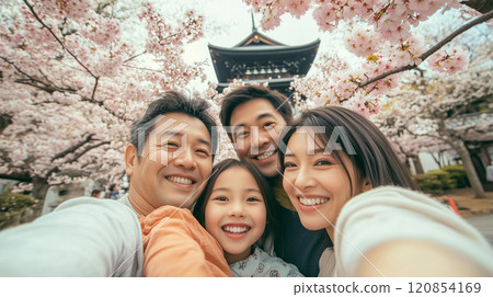 Japanese people taking selfies with their families at a temple during cherry blossom season 120854169