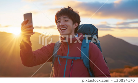 日本男子在山頂以日出為背景自拍 日本男子在山頂以日出為背景自拍 120854170