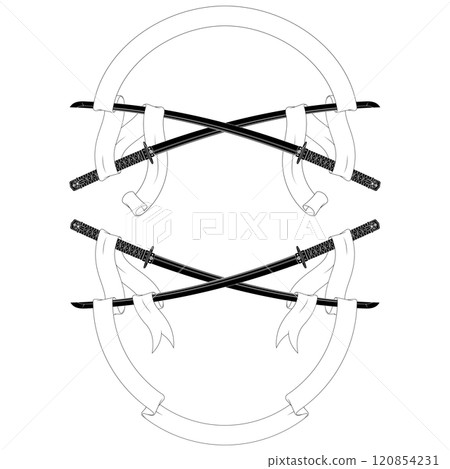 Ancient Japanese sword surrounded with ribbon Ancient Japanese sword surrounded with ribbon 120854231