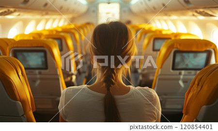 坐在飛機座位上的女人的後視圖 120854401