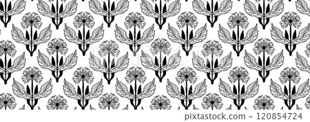Delicate contrast black and white seamless pattern with stylized gerbera flowers in scandinavian style. Trendy nordic floral print for textile, wrapping paper, background, package, surface design 120854724