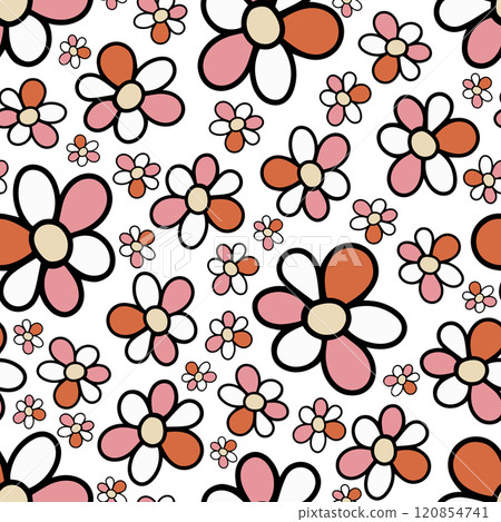 Seamless Pattern with Doodle Hand Drawn Daisy Flower on White Background. Seamless Pattern with Doodle Hand Drawn Daisy Flower on White Background. 120854741