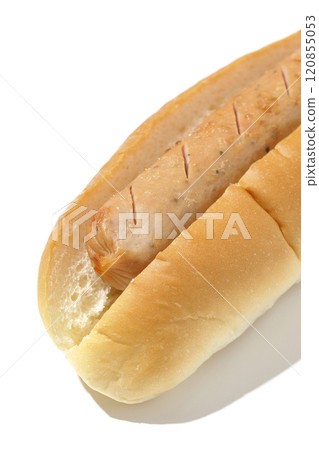 Hot dog photographed on a white background Hot dog photographed on a white background 120855053