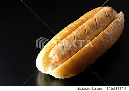 Hot dog photographed against a black background 120855134