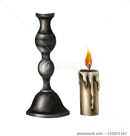 Black vintage candleholder with burning candle watercolor illustration isolated on white background. Tall Halloween candelabrum and candle simple drawing for retro church or Gothic designs. Esoteric Black vintage candleholder with burning candle watercolor illustration isolated on white background. Tall Halloween candelabrum and candle simple drawing for retro church or Gothic designs. Esoteric 120855167