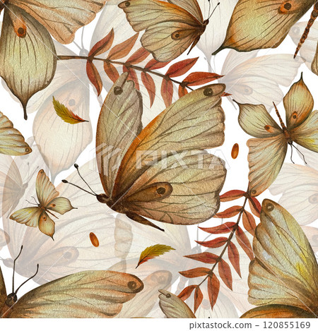 Seamless pattern with butterfly, autumn leaves. Watercolor illustration. Use in postcards, textile, tablecloth, baskets, towels, books, booklets, magazine Seamless pattern with butterfly, autumn leaves. Watercolor illustration. Use in postcards, textile, tablecloth, baskets, towels, books, booklets, magazine 120855169