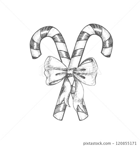Composition with candy cane and bow. Graphics illustration. This set can use on wrapping paper, New Year's textiles, postcard and stickers, christmas compositions and in decoration gifts and prese Composition with candy cane and bow. Graphics illustration. This set can use on wrapping paper, New Year's textiles, postcard and stickers, christmas compositions and in decoration gifts and prese 120855171