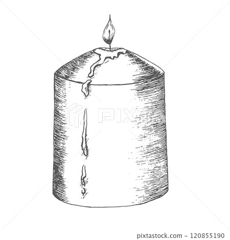 Burning candle with melting dripping wax. Graphics illustration, vector. Can be use in winter composition about Christmas and New Year, also on dishes, pattern, gift bags with other christmas objects Burning candle with melting dripping wax. Graphics illustration, vector. Can be use in winter composition about Christmas and New Year, also on dishes, pattern, gift bags with other christmas objects 120855190