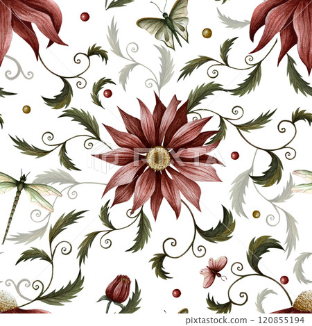 Seamless pattern of flowers, plants, dragonfly, butterfly and berry. Watercolor illustration. Can use on postcards, textile, websites, store sign, booklet, framing, magazine articles. Vintage style Seamless pattern of flowers, plants, dragonfly, butterfly and berry. Watercolor illustration. Can use on postcards, textile, websites, store sign, booklet, framing, magazine articles. Vintage style 120855194