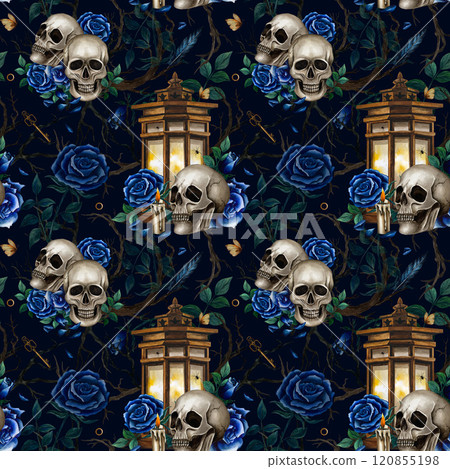 Seamless pattern with skulls, lantern, roses and branches. Watercolor illustration for Halloween, Day of the Dead Holiday on black background. Gothic style for textile, wrapping paper and background 120855198