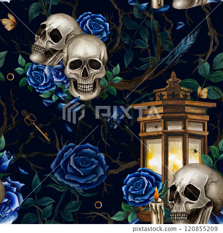 Gothic seamless pattern with skulls, lantern, roses and branches. Watercolor illustration for Halloween or Day of the Dead on black background. Gothic style for textile, wrapping paper and background 120855209