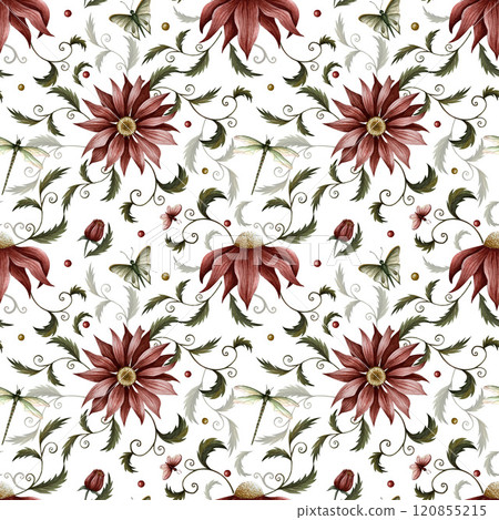 Seamless pattern of flowers, plants, dragonfly, butterfly and berry. Watercolor illustration. Can use on postcards, textile, websites, store sign, booklet, framing, magazine articles. Vintage style Seamless pattern of flowers, plants, dragonfly, butterfly and berry. Watercolor illustration. Can use on postcards, textile, websites, store sign, booklet, framing, magazine articles. Vintage style 120855215