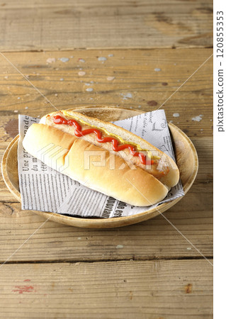 Hot dog with ketchup and mustard Hot dog with ketchup and mustard 120855353
