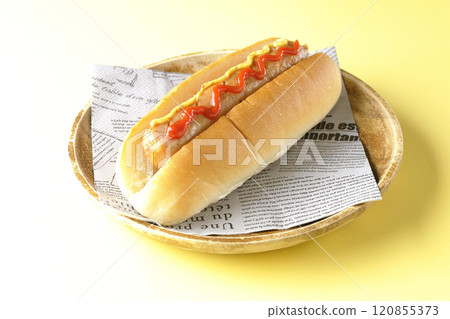Hot dog with ketchup and mustard 120855373