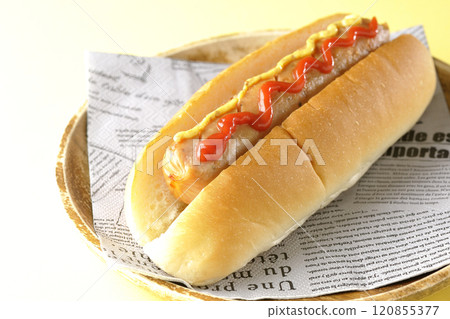 Hot dog with ketchup and mustard 120855377