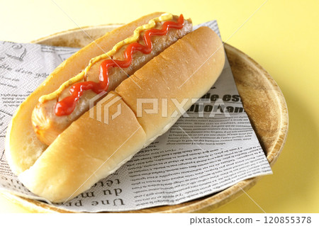 Hot dog with ketchup and mustard Hot dog with ketchup and mustard 120855378
