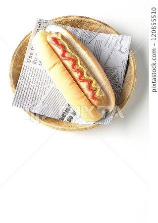 Hot dog with ketchup and mustard on a white background Hot dog with ketchup and mustard on a white background 120855510