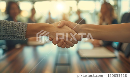Close-up of women shaking hands in a conference room 120855518