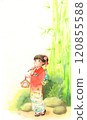 穿著和服的女孩拿著蛇繪馬的水彩插圖（垂直版） 120855588