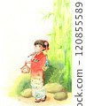 穿著和服的女孩拿著蛇繪馬的水彩插圖（明信片大小版本） 120855589