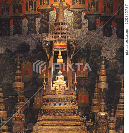 Wat Phra Kaew (The Temple of the Emerald Buddha) in Bangkok, Thailand is a sacred temple and it's a part of the Thai Grand Palace, the Temple houses an ancient Emerald Buddha (interior view) Wat Phra Kaew (The Temple of the Emerald Buddha) in Bangkok, Thailand is a sacred temple and it's a part of the Thai Grand Palace, the Temple houses an ancient Emerald Buddha (interior view) 120855787