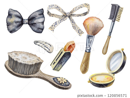 Collection of eight vintage cosmetics and hair accessories, including a brush, comb, powder case, lipstick, bow and hairclip. Can be used for fashion branding, advertising, greeting cards, or a blog. 120856571