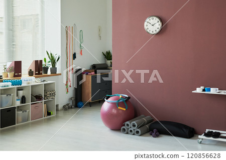 Well-Organized Yoga Studio with Fitness Equipment 120856628