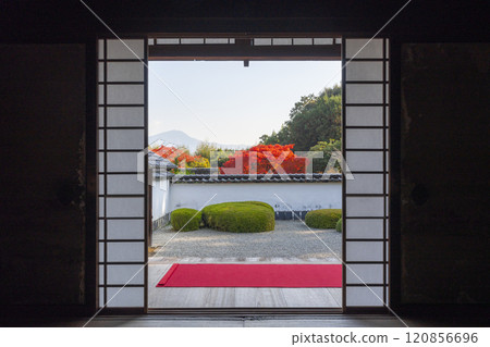 京都的秋天，聖傳寺，以比叡山為背景的“獅子漫步花園” 120856696