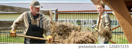 Heaping fresh hay into wooden feeder 120857235
