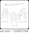 A woman drying her hair with a towel, a woman applying beauty serum to her hair, and a woman drying her hair with a hair dryer A woman drying her hair with a towel, a woman applying beauty serum to her hair, and a woman drying her hair with a hair dryer 120857240