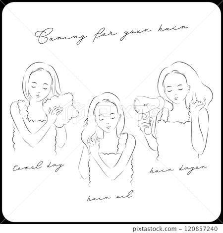 一個女人用毛巾擦乾頭髮，一個女人在頭髮上塗抹美容液，一個女人用吹風機擦乾頭髮 120857240