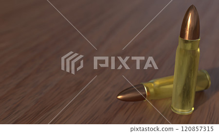 The Bullet on wood table for crime or weapon concept 3d rendering. 120857315