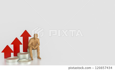 The Man sitting on Gold coins and red arrow up on white background  for Business concept 3d rendering. 120857434