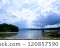 Boats and summer clouds seen from the shore of Lake Onuma in Hokkaido 120857590