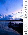 Boats and summer clouds seen from the shore of Lake Onuma in Hokkaido 120857591