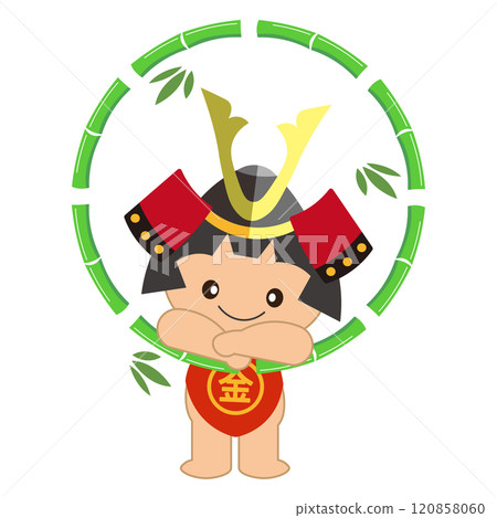 金太郎戴著頭盔從竹架探出的向量圖 120858060
