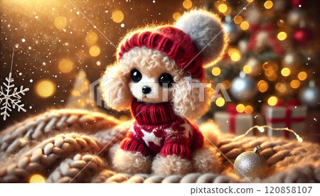 有聖誕樹和紅色服裝的玩具貴賓犬 120858107