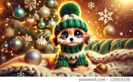 穿著綠色服裝和聖誕樹的西施狗 120858108