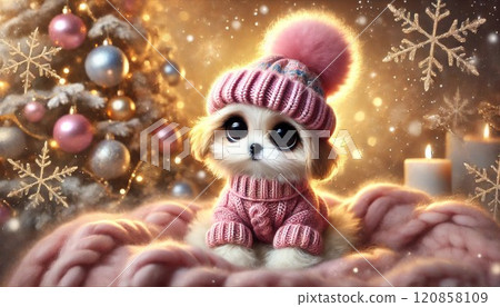 一隻白色的西施狗微笑著等待聖誕節 120858109