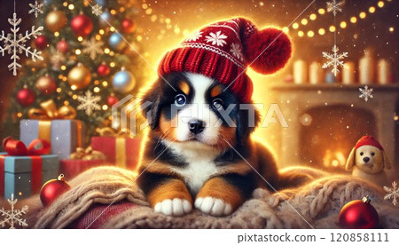 坐在聖誕樹前的伯恩山犬小狗 120858111