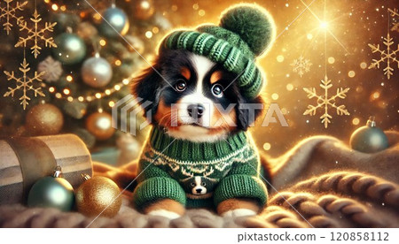 伯恩山犬坐在聖誕樹前 120858112